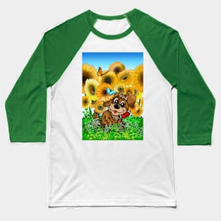 Cute puppy with butterflies in a sunflower field Baseball T-Shirt